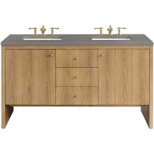 Hudson 60" Double Basin Ash Wood Vanity Set with 3 cm Grey Expo Quartz Vanity Top, Rectangular Sinks, USB Port and Electrical Outlet