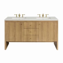 Hudson 60" Double Basin Wood Vanity Set with 3cm Lime Delight Silestone Quartz Vanity Top, Rectangular Sinks, USB Port and Electrical Outlet