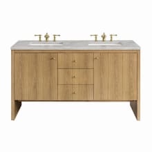 Hudson 60" Double Basin Wood Vanity Set with 3cm Victorian Silver Silestone Quartz Vanity Top, Rectangular Sinks, USB Port and Electrical Outlet