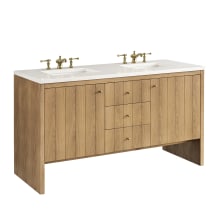 Hudson 60" Double Basin Wood Vanity Set with 3cm White Zeus Quartz Vanity Top, Rectangular Sinks, USB Port and Electrical Outlet