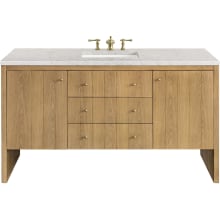 Hudson 60" Single Basin Ash Wood Vanity Set with 3 cm Pearl Jasmine Quartz Vanity Top, Rectangular Sink, USB Port and Electrical Outlet