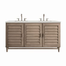 Portland 60" Double Basin Wood Vanity Set with 3cm Lime Delight Silestone Quartz Vanity Top, Rectangular Sinks, USB Port and Electrical Outlet