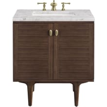 Amberly 30" Free Standing or Wall Mounted Single Basin Rubberwood Vanity Set with 3cm Pearl Jasmine Quartz Vanity Top and Rectangular Sink