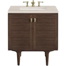 Amberly 30" Free Standing or Wall Mounted Single Basin Rubberwood Vanity Set with 3cm Eternal Marfil Quartz Vanity Top and Rectangular Sink