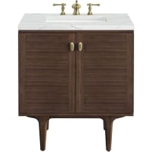 Amberly 30" Free Standing or Wall Mounted Single Basin Rubberwood Vanity Set with 3cm Ethereal Noctis Quartz Vanity Top and Rectangular Sink