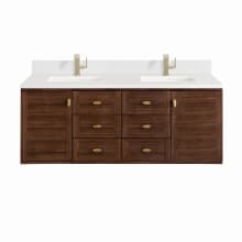 Amberly 60" Double Basin Wood Vanity Set with 3cm White Zeus Silestone Quartz Vanity Top, Backsplash, Rectangular Sinks, USB Port and Outlet