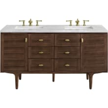 Amberly 60" Free Standing or Wall Mounted Double Basin Rubberwood Vanity Set with 3cm Arctic Fall Solid Surface Vanity Top and Rectangular Sinks