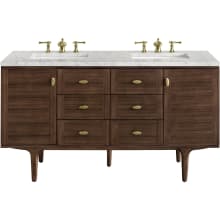 Amberly 60" Free Standing or Wall Mounted Double Basin Rubberwood Vanity Set with 3cm Pearl Jasmine Quartz Vanity Top and Rectangular Sinks