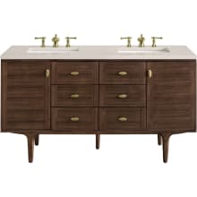 Amberly 60" Free Standing or Wall Mounted Double Basin Rubberwood Vanity Set with 3cm Eternal Marfil Quartz Vanity Top and Rectangular Sinks