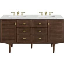Amberly 60" Free Standing or Wall Mounted Double Basin Rubberwood Vanity Set with 3cm Ethereal Noctis Quartz Vanity Top and Rectangular Sinks