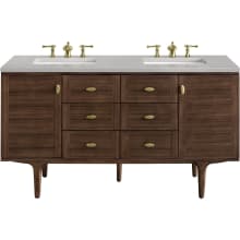 Amberly 60" Free Standing or Wall Mounted Double Basin Rubberwood Vanity Set with 3cm Eternal Serena Quartz Vanity Top and Rectangular Sinks