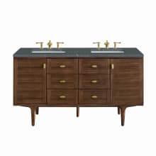 Amberly 60" Double Basin Wood Vanity Set with 3cm Parisien Bleu Silestone Quartz Vanity Top, Rectangular Sinks, USB Port and Electrical Outlet