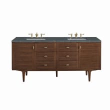 Amberly 72" Double Basin Wood Vanity Set with 3cm Parisien Bleu Silestone Quartz Vanity Top, Rectangular Sinks, USB Port and Electrical Outlet