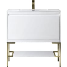 Mantova 36" Single Basin Poplar Wood Vanity Set with Glossy White Composite Stone Vanity Top, Champagne Brass Base and Rectangular Sink