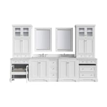 De Soto 132" Double Basin Birch Vanity Set with Quartz Top, USB/Electrical Outlets and Matching Mirror