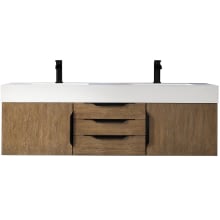 Mercer Island 59" Wall Mounted Double Basin Birch Vanity Set with 4" Glossy White Stone Composite Vanity Top, Rectangular Sinks, USB Port and Outlet