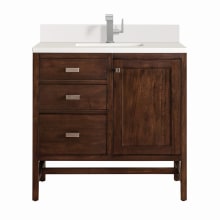 Addison 36" Single Basin Wood Vanity Set with 3cm White Zeus Silestone Quartz Vanity Top, Backsplash, Rectangular Sink, USB Port and Outlet