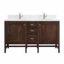 Addison 60" Double Basin Wood Vanity Set with 3cm White Zeus Silestone Quartz Vanity Top, Backsplash, Rectangular Sinks, USB Port and Outlet