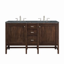 Addison 60" Double Basin Wood Vanity Set with 3cm Parisien Bleu Silestone Quartz Vanity Top, Rectangular Sinks, USB Port and Electrical Outlet