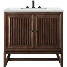Athens 36" Wall Mounted and Free Standing Single Basin Poplar Vanity Set with 3 cm Ethereal Noctis Quartz Vanity Top, Rectangular Sink, USB Port and Electrical Outlet