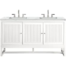 Athens 60" Wall Mounted and Free Standing Double Basin Poplar Vanity Set with 3 cm Ethereal Noctis Quartz Vanity Top, Rectangular Sinks, USB Port and Electrical Outlet