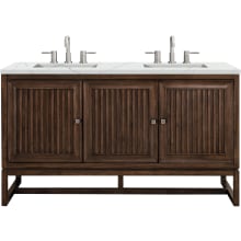 Athens 60" Wall Mounted and Free Standing Double Basin Poplar Vanity Set with 3 cm Ethereal Noctis Quartz Vanity Top, Rectangular Sinks, USB Port and Electrical Outlet