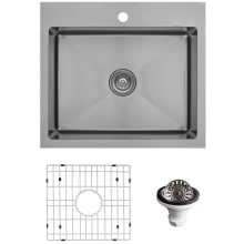 Elite 25" Drop In Single Basin Stainless Steel Kitchen Sink with Basin Rack and Basket Strainer