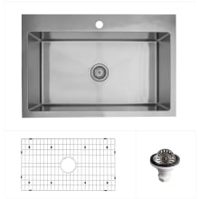 Elite 33" Drop In Single Basin Stainless Steel Kitchen Sink with Basin Rack and Basket Strainer