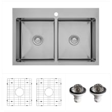 Elite 33" Drop In Double Basin Stainless Steel Kitchen Sink with Basin Rack and Basket Strainer