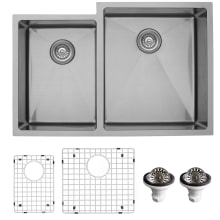 Elite 33" Undermount Double Basin Stainless Steel Kitchen Sink with Basin Rack and Basket Strainer