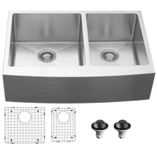 Elite 33" Farmhouse Double Basin Stainless Steel Kitchen Sink with Basin Rack and Basket Strainer
