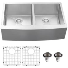 Elite 36" Farmhouse Double Basin Stainless Steel Kitchen Sink with Basin Rack and Basket Strainer