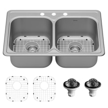 Profile 33" Drop In Double Basin Stainless Steel Kitchen Sink with Basin Rack and Basket Strainer