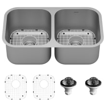 Profile 32-1/4" Undermount Double Basin Stainless Steel Kitchen Sink with Basin Rack and Basket Strainer