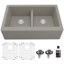 Quartz QA 34" Farmhouse Double Basin Quartz Composite Kitchen Sink with Basin Rack and Basket Strainer