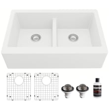 Quartz QA 34" Farmhouse Double Basin Quartz Composite Kitchen Sink with Basin Rack and Basket Strainer