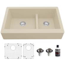 Quartz QAR 34" Farmhouse Double Basin Quartz Composite Kitchen Sink with Basin Rack and Basket Strainer