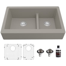 Quartz QAR 34" Farmhouse Double Basin Quartz Composite Kitchen Sink with Basin Rack and Basket Strainer