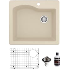 Quartz QT 25" Drop In Single Basin Quartz Composite Kitchen Sink with Basin Rack and Basket Strainer
