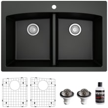 Quartz QT 33" Drop In Double Basin Quartz Composite Kitchen Sink with Basin Rack and Basket Strainer