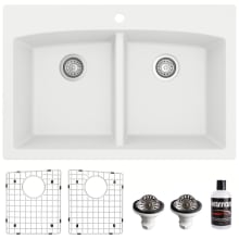 Quartz QT 33" Drop In Double Basin Quartz Composite Kitchen Sink with Basin Rack and Basket Strainer