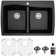 Quartz QT 34" Drop In Double Basin Quartz Composite Kitchen Sink with Basin Rack and Basket Strainer