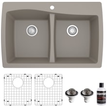Quartz QT 34" Drop In Double Basin Quartz Composite Kitchen Sink with Basin Rack and Basket Strainer