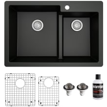 Quartz QT 33" Drop In Double Basin Quartz Composite Kitchen Sink with Basin Rack and Basket Strainer