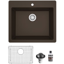 Quartz QT 25" Drop In Single Basin Quartz Composite Kitchen Sink with Basin Rack and Basket Strainer