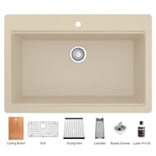Quartz QT 33" Drop In Single Basin Quartz Composite Kitchen Sink with Basin Rack, Basket Strainer, Colander, and Cutting Board