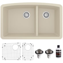 Quartz QU 32" Undermount Double Basin Quartz Composite Kitchen Sink with Basin Rack and Basket Strainer