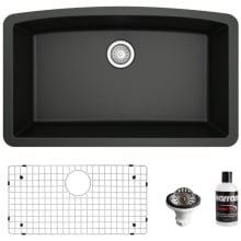Quartz QU 32" Undermount Single Basin Quartz Composite Kitchen Sink with Basin Rack and Basket Strainer