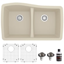 Quartz QU 33-1/2" Undermount Double Basin Quartz Composite Kitchen Sink with Basin Rack and Basket Strainer