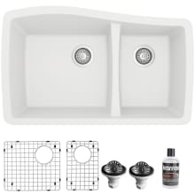 Quartz QU 33-1/2" Undermount Double Basin Quartz Composite Kitchen Sink with Basin Rack and Basket Strainer
